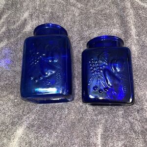 Cobalt Set of Blue Embossed Glass Jars  fruit pattern 2 pieces